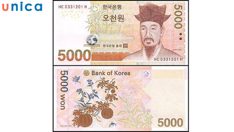 Tiền giấy 5000 won được phát hành 2006 có in hình chân dung học giả Lee Y thời Joseon