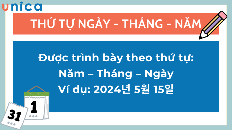 Trong tiếng Hàn, thứ tự ngày tháng năm được viết lần lượt là Ngày - tháng - năm