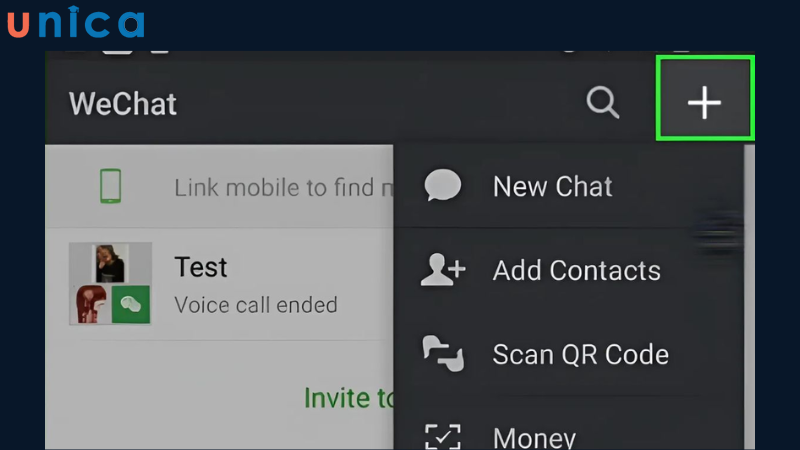 Chọn dấu cộng ở góc bên phải rồi thêm bạn thông qua Wechat ID hoặc số điện thoại