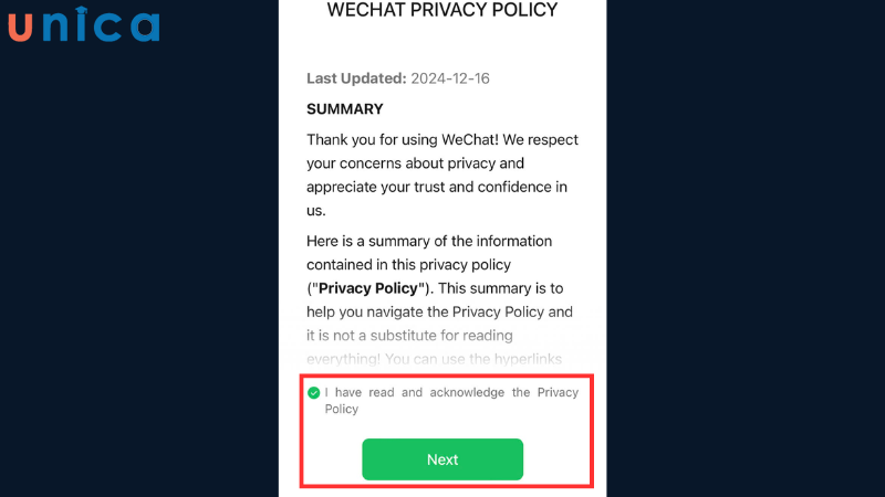 Đọc và chấp nhận các yêu cầu chính sách của Wechat