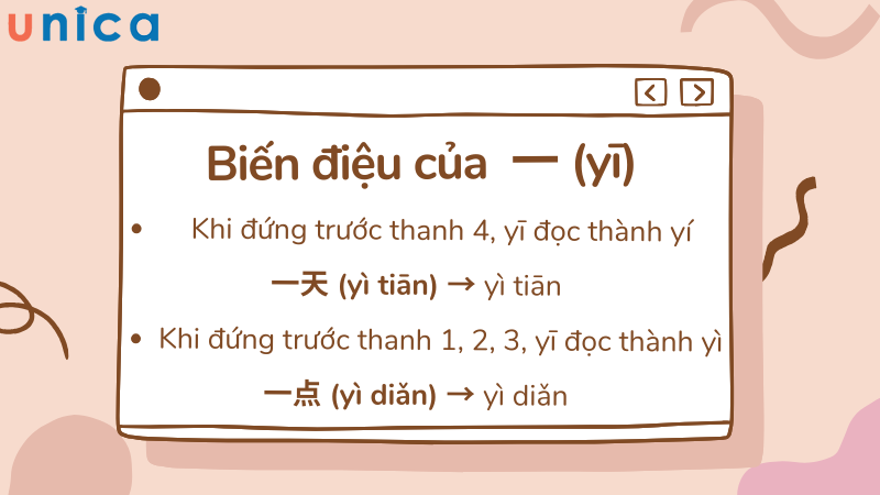 Tương tự như 不 , 一 cũng có một vài trường biến điệu khi đi với một số thanh khác