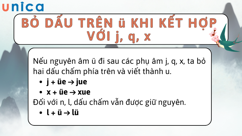 Quy tắc này khi đi với l, n thì vẫn giữ nguyên dấu trên nguyên âm ü