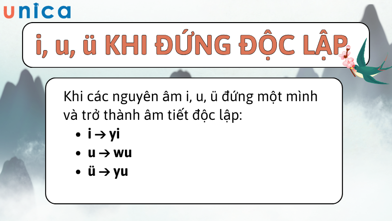 nguyên âm i, u, ü đứng một mình sẽ được phát âm là yi, wu, yu