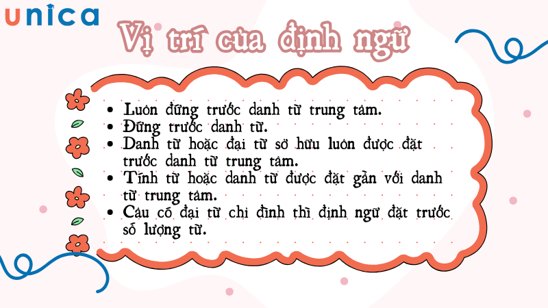 Định ngữ thường xuất hiện ở 5 vị trí như sau