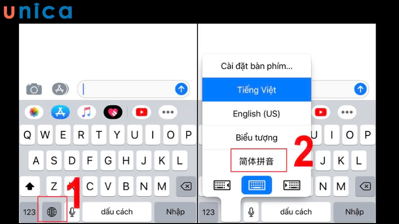 Ấn vào quả địa cầu để đổi lựa chọn bàn phím