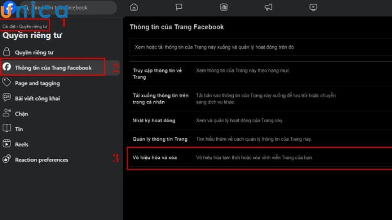Thao tác vô hiệu hóa fanpage