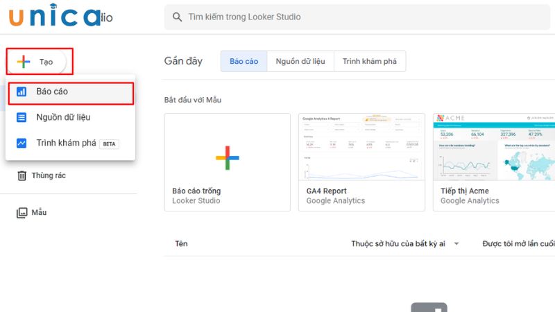 Nhấn tạo để tạo báo cáo mới