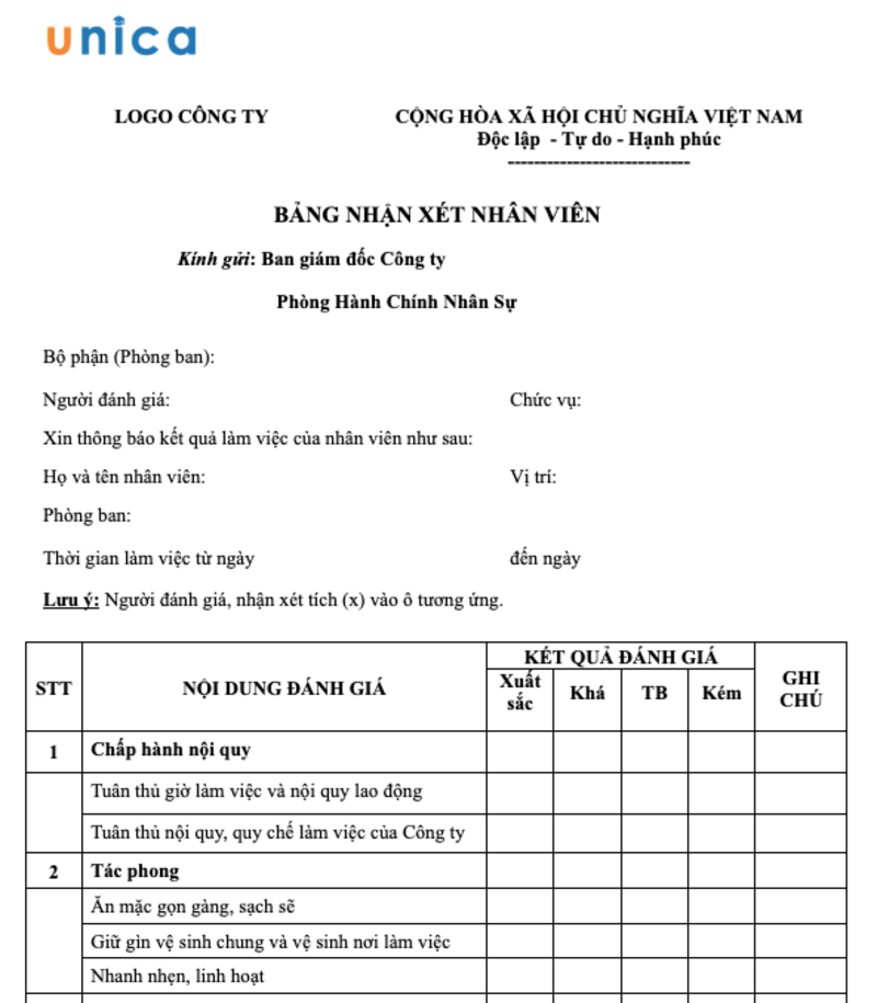 Form đánh giá năng lực nhân viên thường gặp