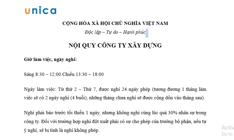 Mẫu nội quy công ty xây dựng