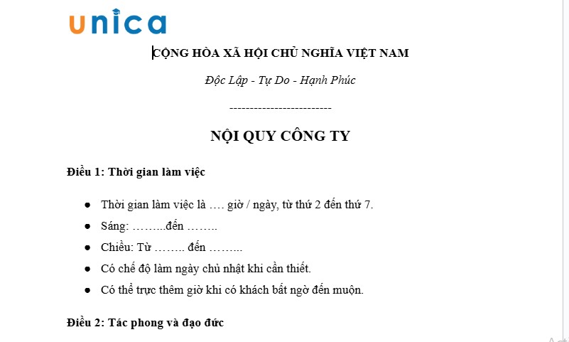 Mẫu nội quy công ty ngắn gọn