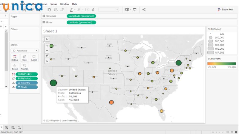Bảng hiển thị doanh thu các bang ở Mỹ