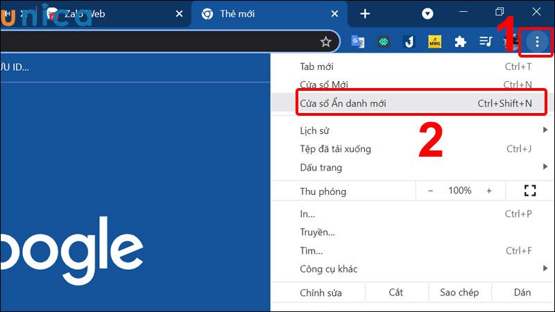 Nhấn vào dấu ba chấm để mở tab ẩn danh