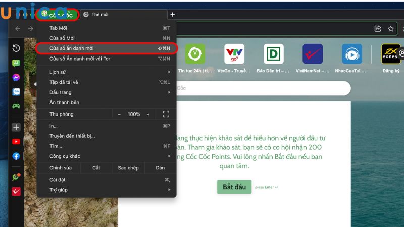 Thao tác mở tab ẩn danh trên Cốc Cốc