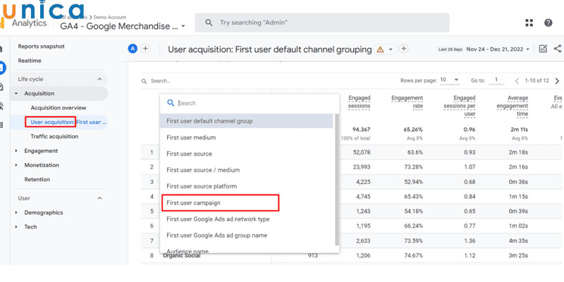 Thao tác xem báo cáo User Acquisition
