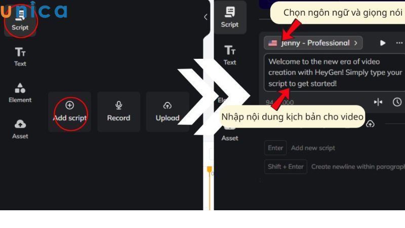 Chọn “Add script” để nhập nội dung kịch bản cho video