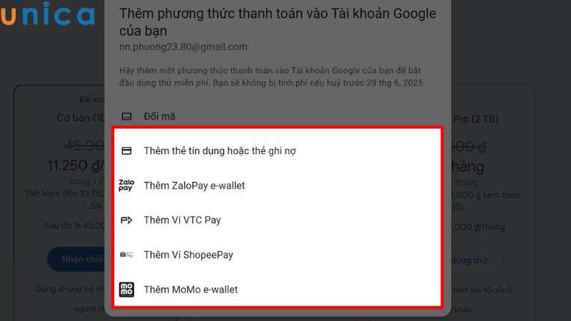 Lựa chọn các phương thức thanh toán