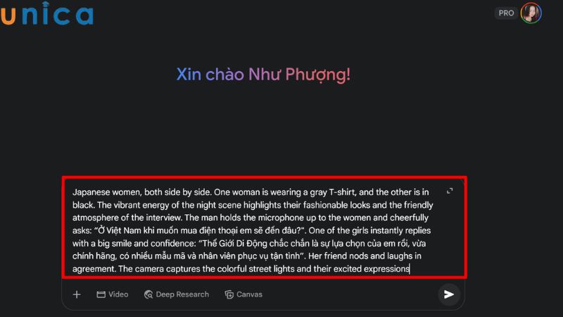 Nhập câu lệnh vào khung chat Gemini