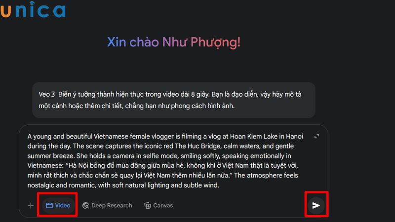 Nhấn vào mục video và nhấn gửi câu lệnh
