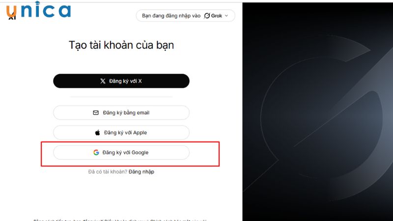 Chọn đăng ký với Google
