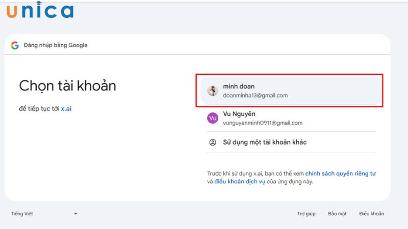 Lựa chọn tài khoản sử dụng