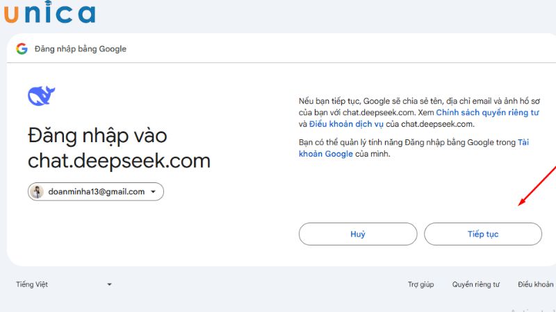 Nhấn tiếp tục để chia sẻ thông tin sang DeepSeek