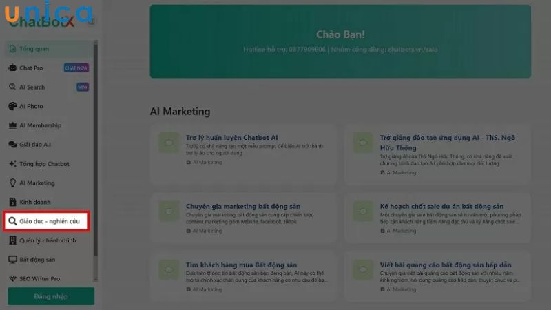 Nhấn chọn danh mục Giáo dục - nghiên cứu