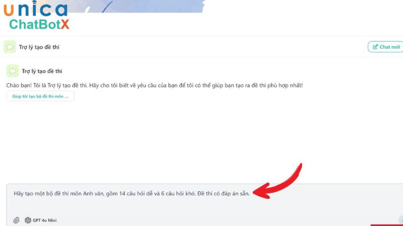 Nhập yêu cầu tạo đề thi cho Chatbox