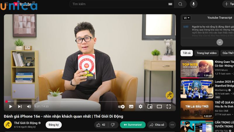 Mở video Youtube muốn tóm tắt lên màn hình