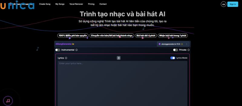 Giao diện trang web AI Song Generator