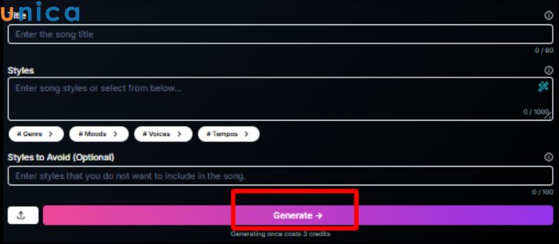 Nhấn chọn “Tạo bài hát” (Generate) để nhận bài nhạc hoàn chỉnh
