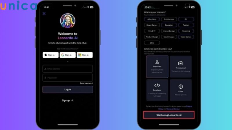 Chọn bắt đầu với Leonardo AI để sử dụng ứng dụng